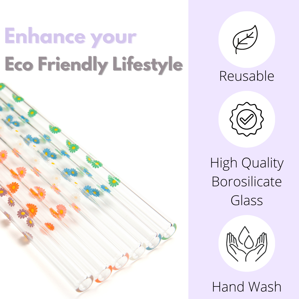 Daisy Flower Glass Straw, 6 Piece Reusable Straw Set, Glassware Accessories