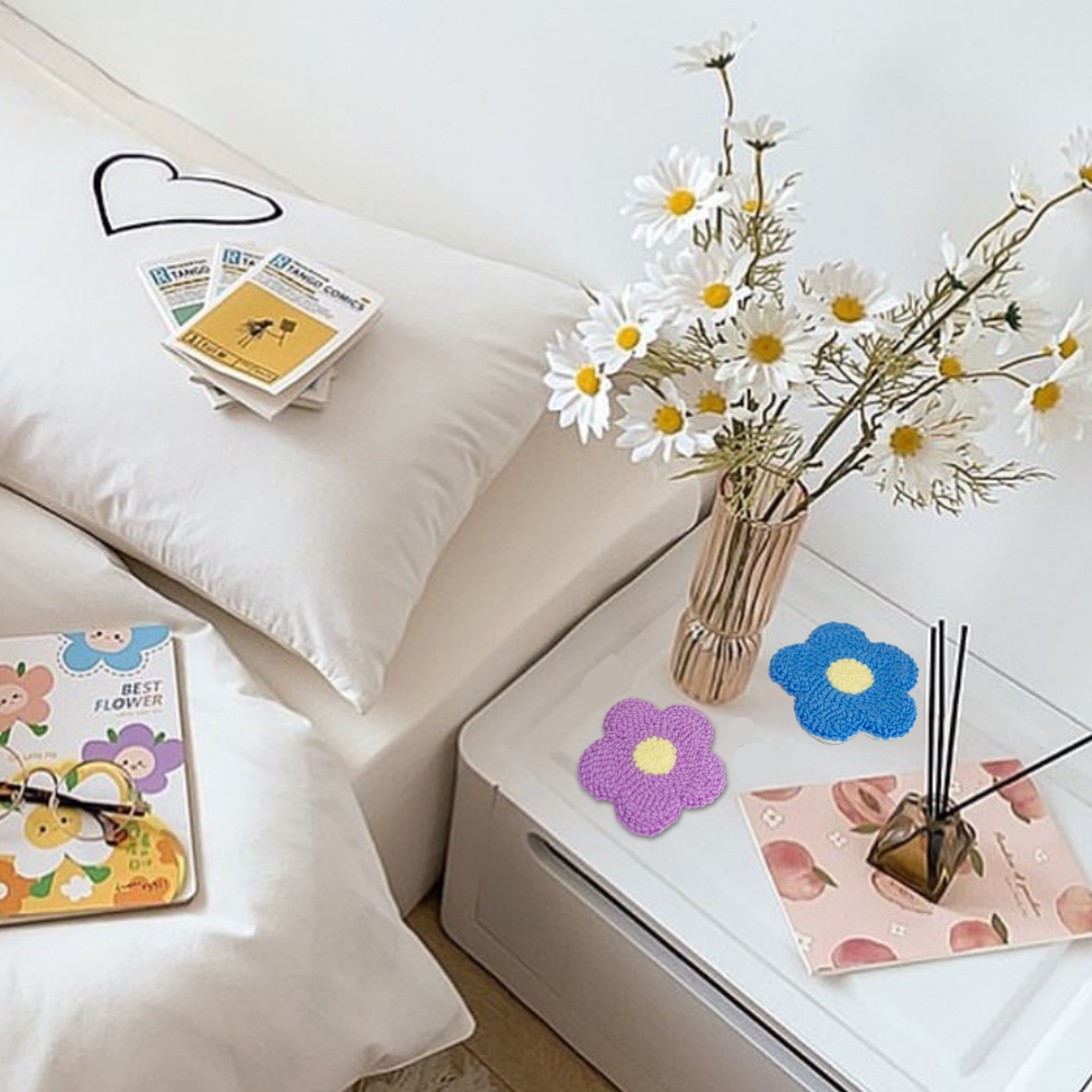 Boho Flower Mug Rug Coaster Set, Glassware Accessories