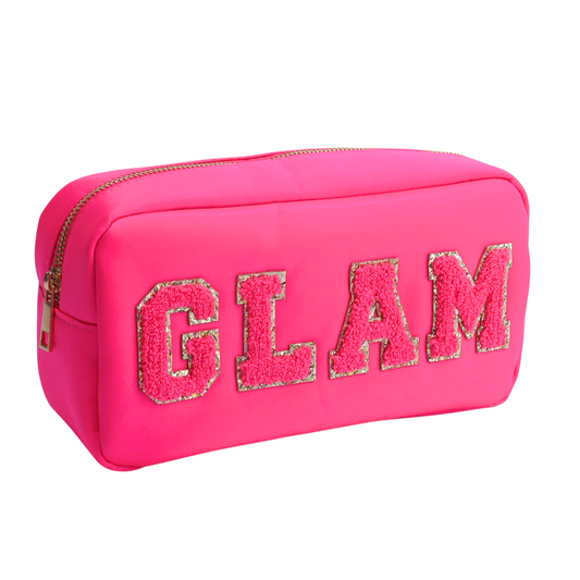 Glam Nylon Cosmetic Makeup Bag with Preppy Chenille Letter Patches