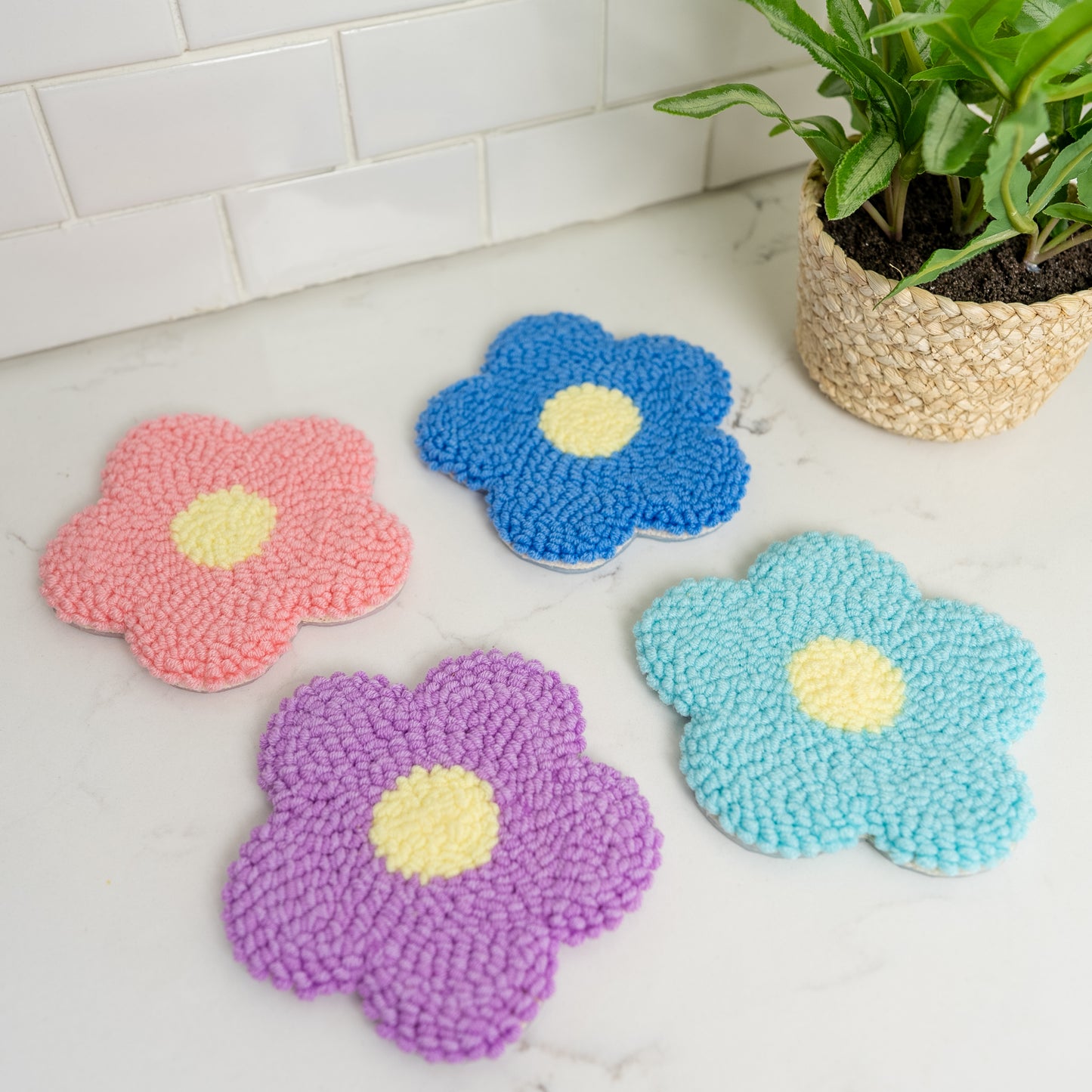 Boho Flower Mug Rug Coaster Set, Glassware Accessories