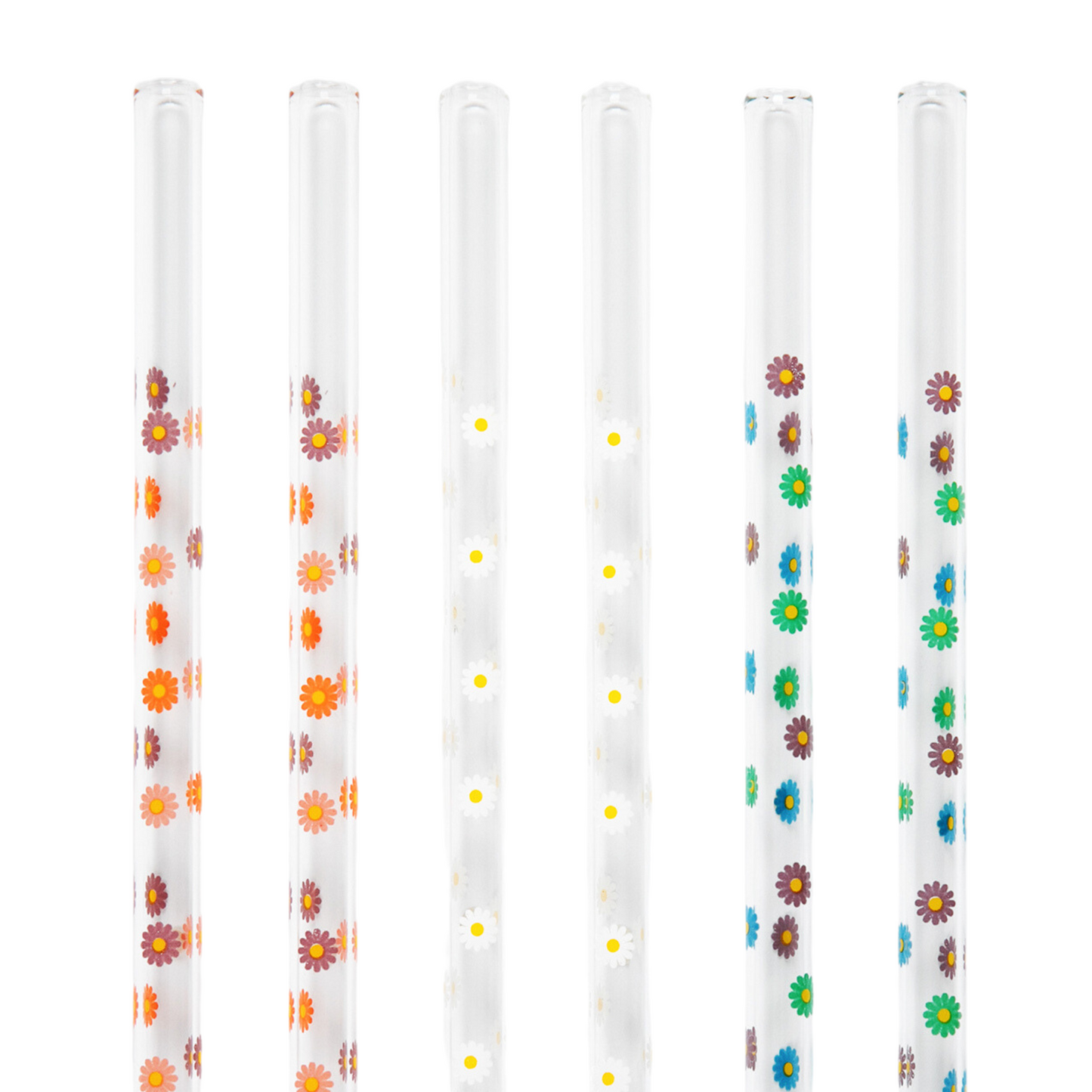 Daisy Flower Glass Straw, 6 Piece Reusable Straw Set, Glassware Accessories