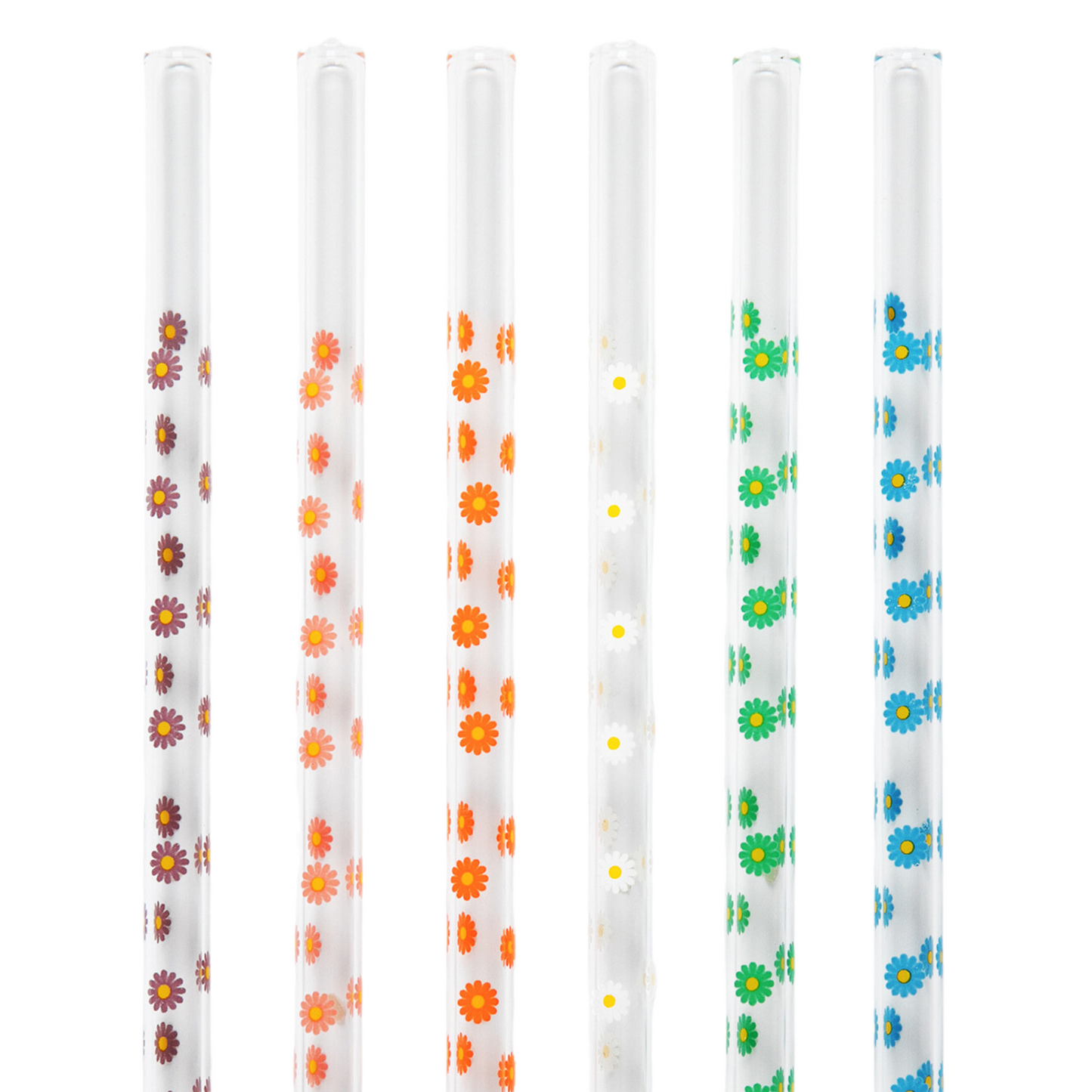 Daisy Flower Glass Straw, 6 Piece Reusable Straw Set, Glassware Accessories