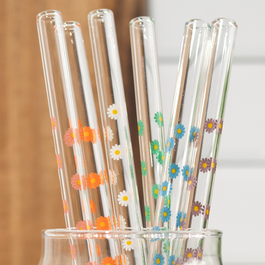 Daisy Flower Glass Straw, 6 Piece Reusable Straw Set, Glassware Accessories