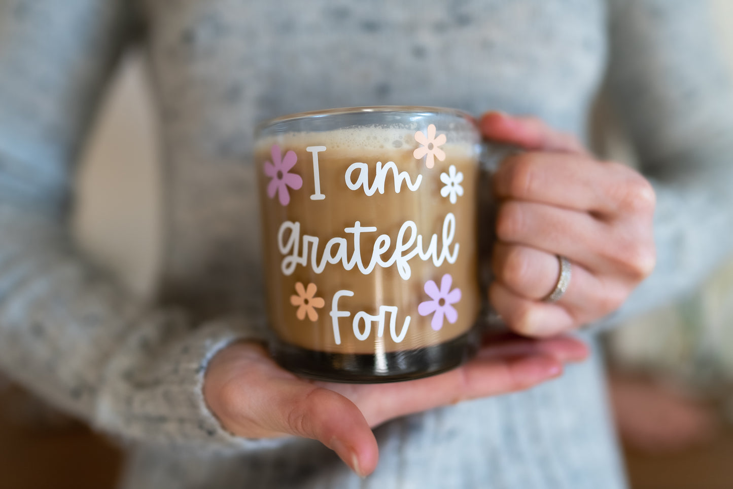 I am grateful for clear glass mug, floral glass mug, clear glass coffee mug, positive affirmation coffee mug, Mother's day gift ideas
