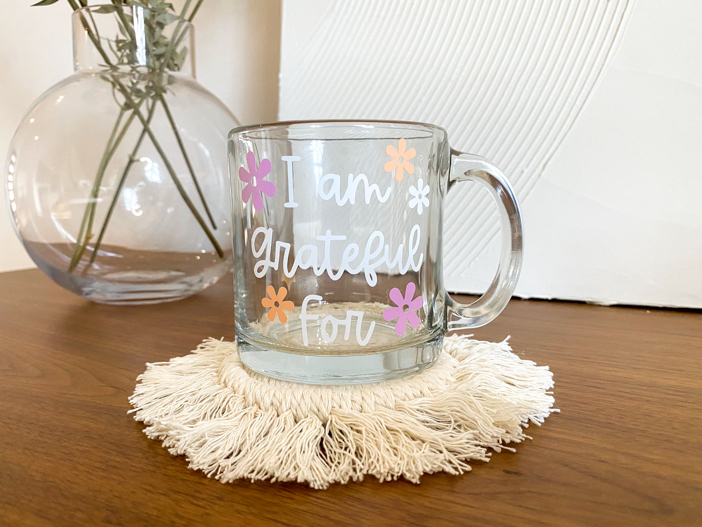 I am grateful for clear glass mug, floral glass mug, clear glass coffee mug, positive affirmation coffee mug, Mother's day gift ideas