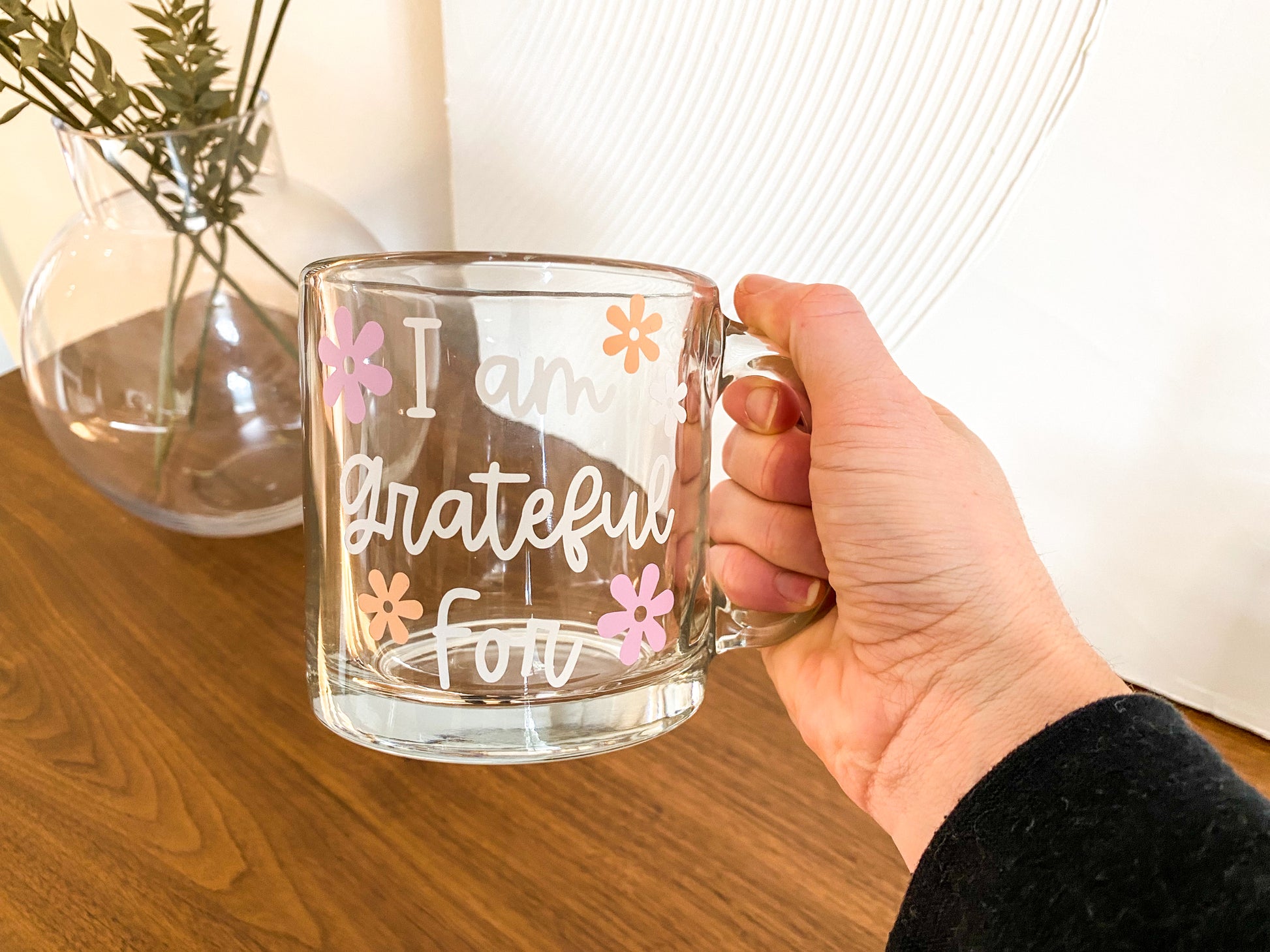 I am grateful for clear glass mug, floral glass mug, clear glass coffee mug, positive affirmation coffee mug, Mother's day gift ideas