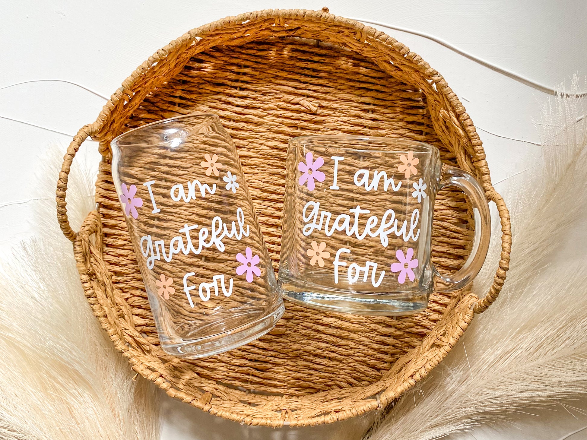 I am grateful for clear glass mug, floral glass mug, clear glass coffee mug, positive affirmation coffee mug, Mother's day gift ideas