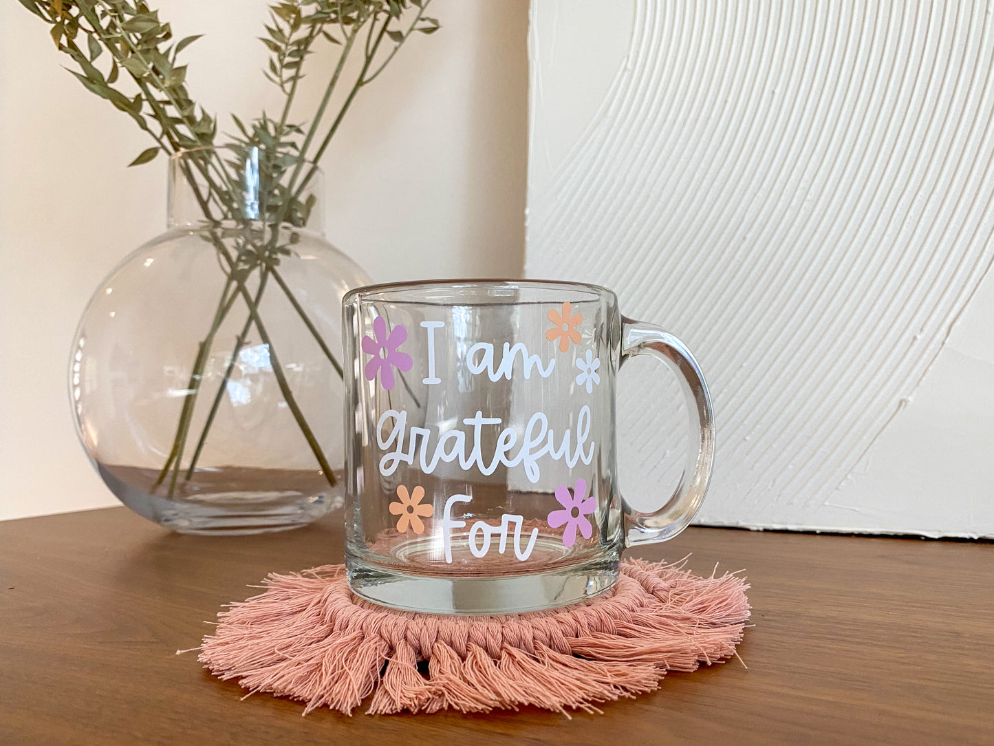 I am grateful for clear glass mug, floral glass mug, clear glass coffee mug, positive affirmation coffee mug, Mother's day gift ideas
