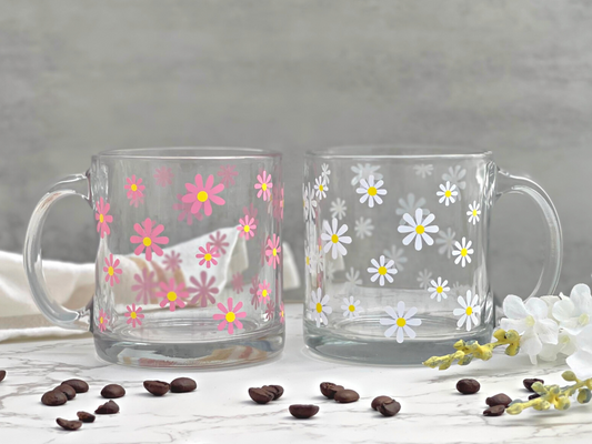 Daisy coffee mug, daisy glass coffee mug, glass coffee mug, mug for coffee lovers, glass coffee mug with daisies, mug for daisy lovers