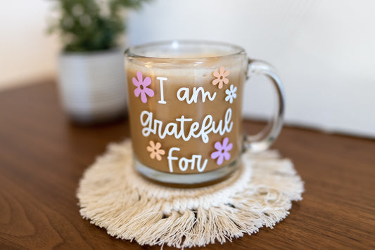 I am grateful for clear glass mug, floral glass mug, clear glass coffee mug, positive affirmation coffee mug, Mother's day gift ideas