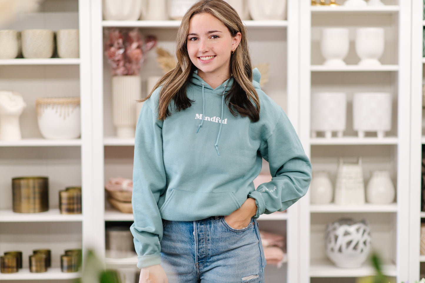 Mindful Sweatshirt, Breathe In Breathe Out on Sleeve
