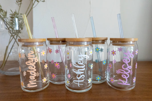 Personalized Cute Daisy Glass Cup with Name