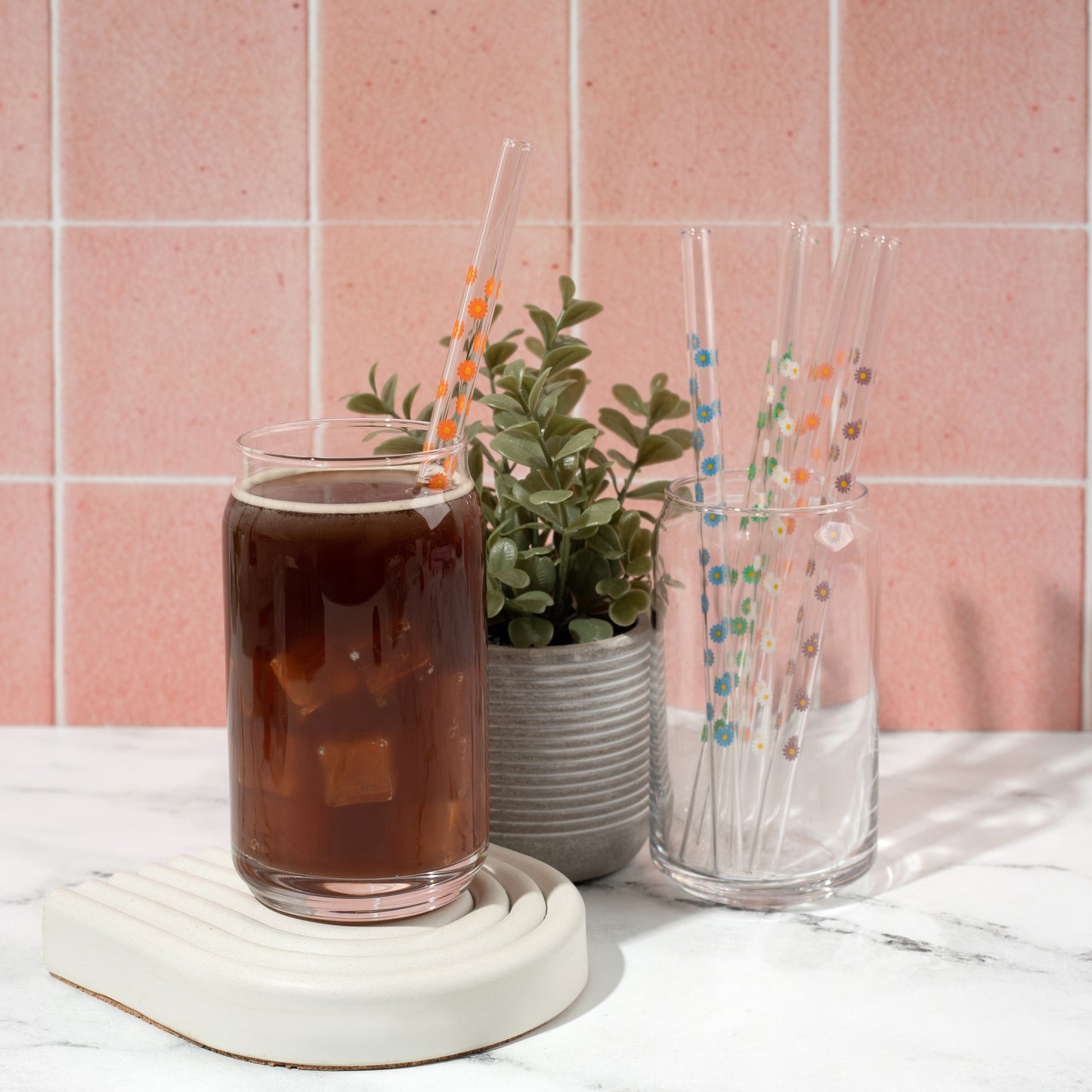 Daisy Flower Glass Straw, 6 Piece Reusable Straw Set, Glassware Accessories