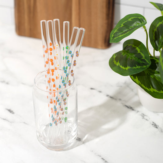 Daisy Flower Glass Straw, 6 Piece Reusable Straw Set, Glassware Accessories