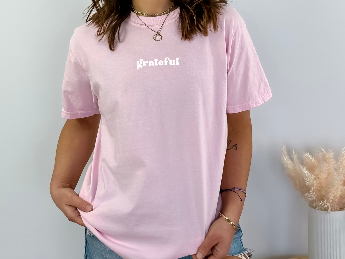Pink Short Sleeved Shirt with the word grateful in the center