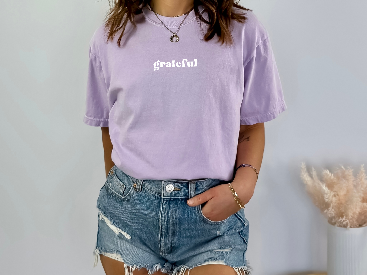 Purple Short Sleeved Shirt with the word grateful in the center