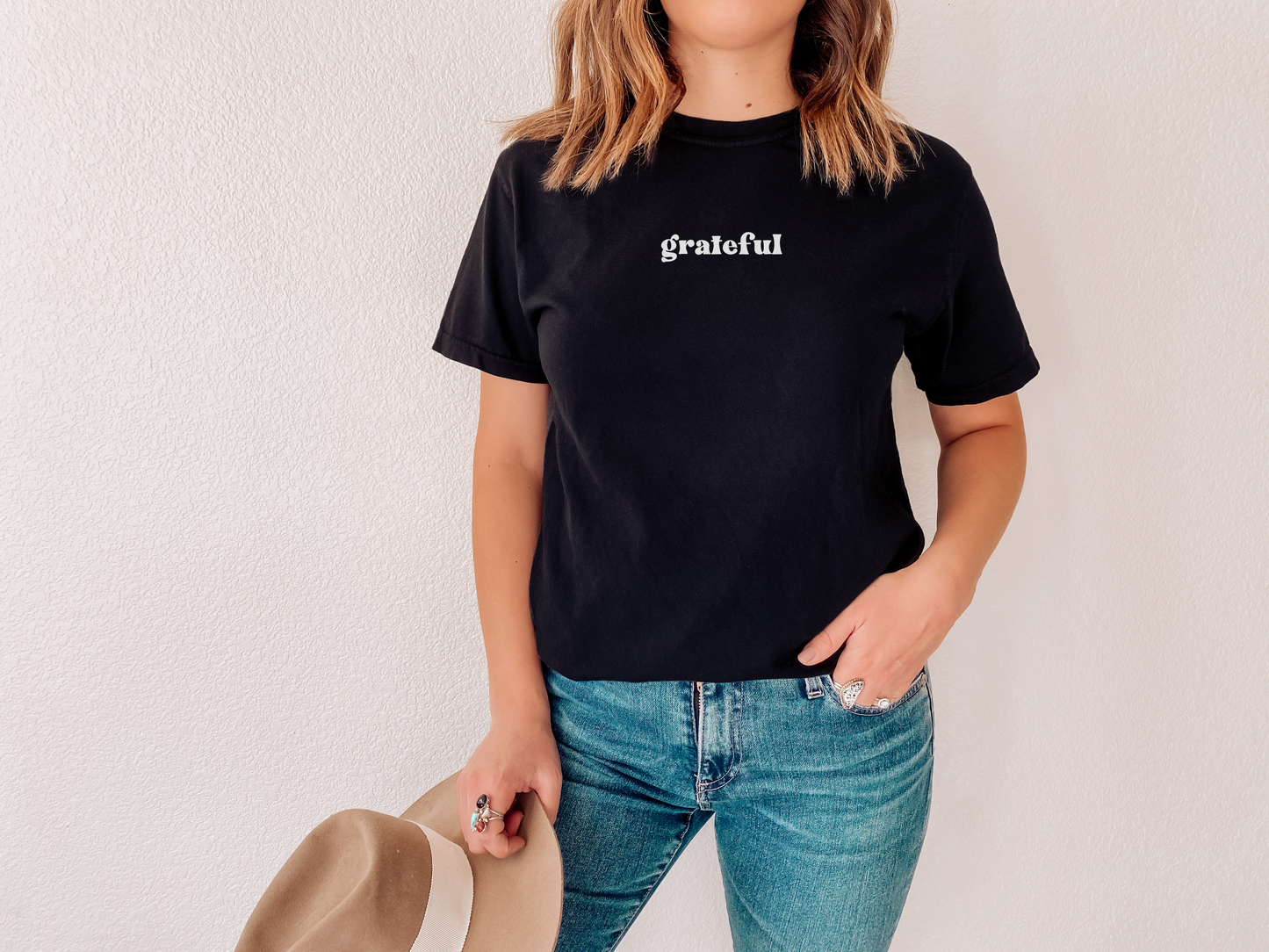 Black Short Sleeved Shirt with the word grateful in the center