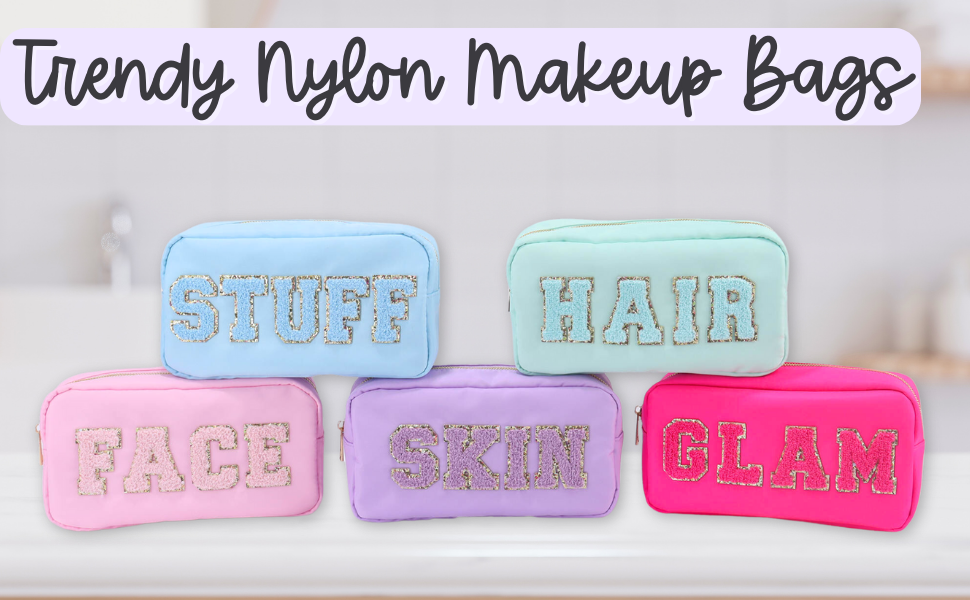 Glam Nylon Cosmetic Makeup Bag with Preppy Chenille Letter Patches