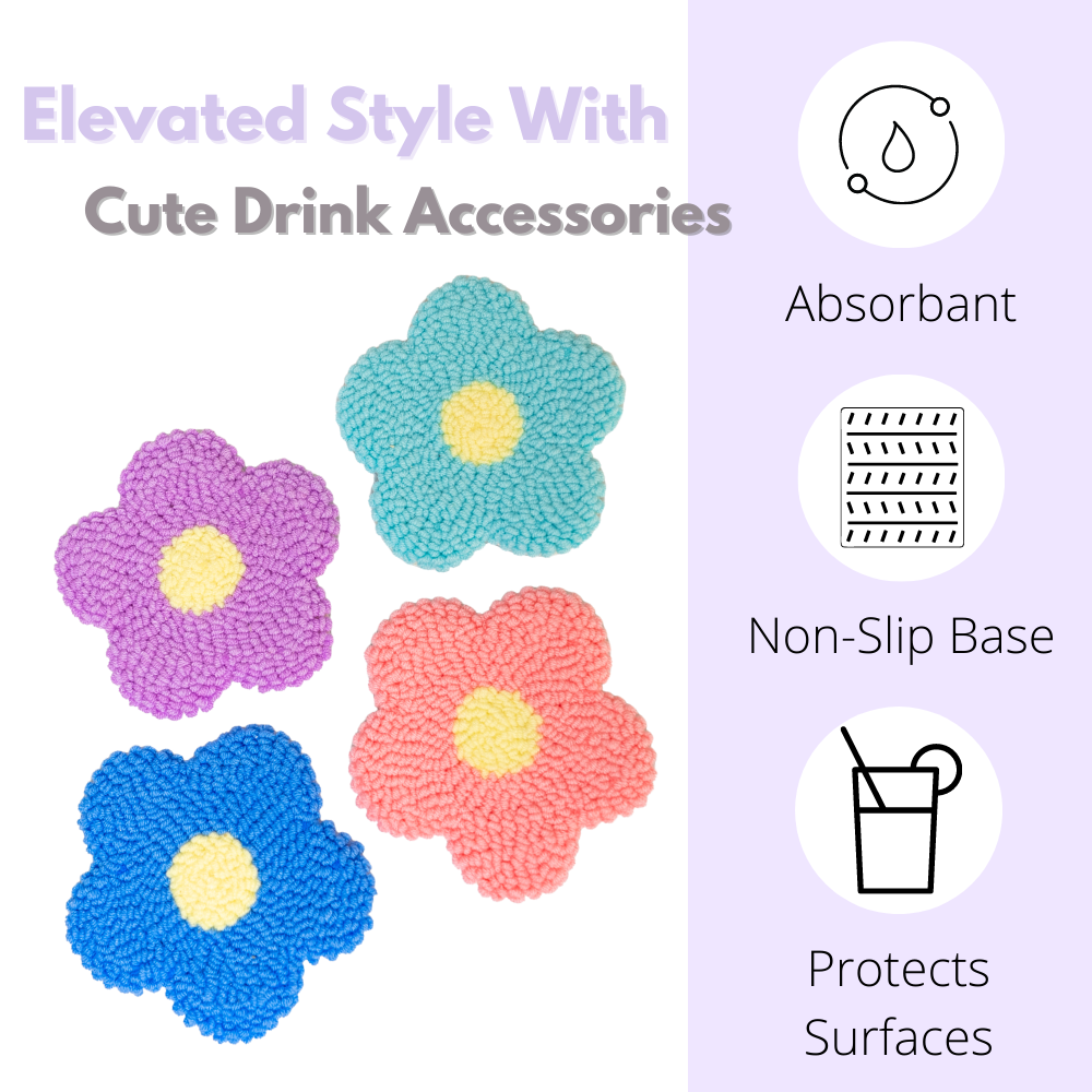 Boho Flower Mug Rug Coaster Set, Glassware Accessories