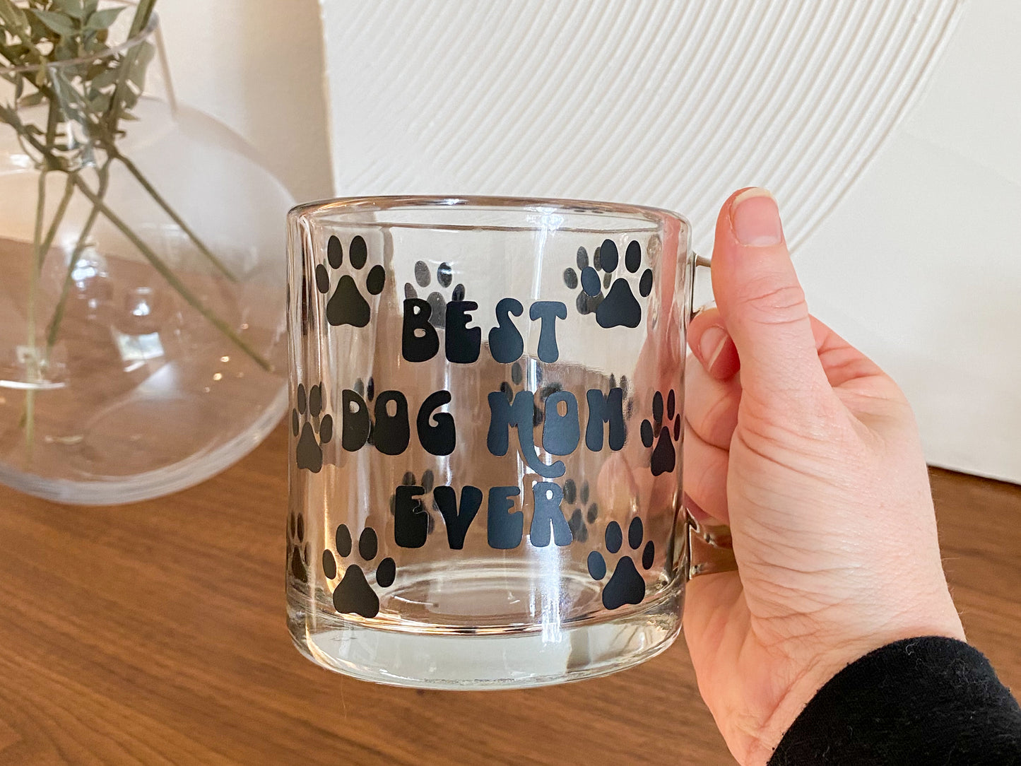 Dog mom clear glass coffee mug, best dog mom coffee mug, coffee mug for dog moms, mug for dog lovers, gifts for dog moms, glass coffee mug 