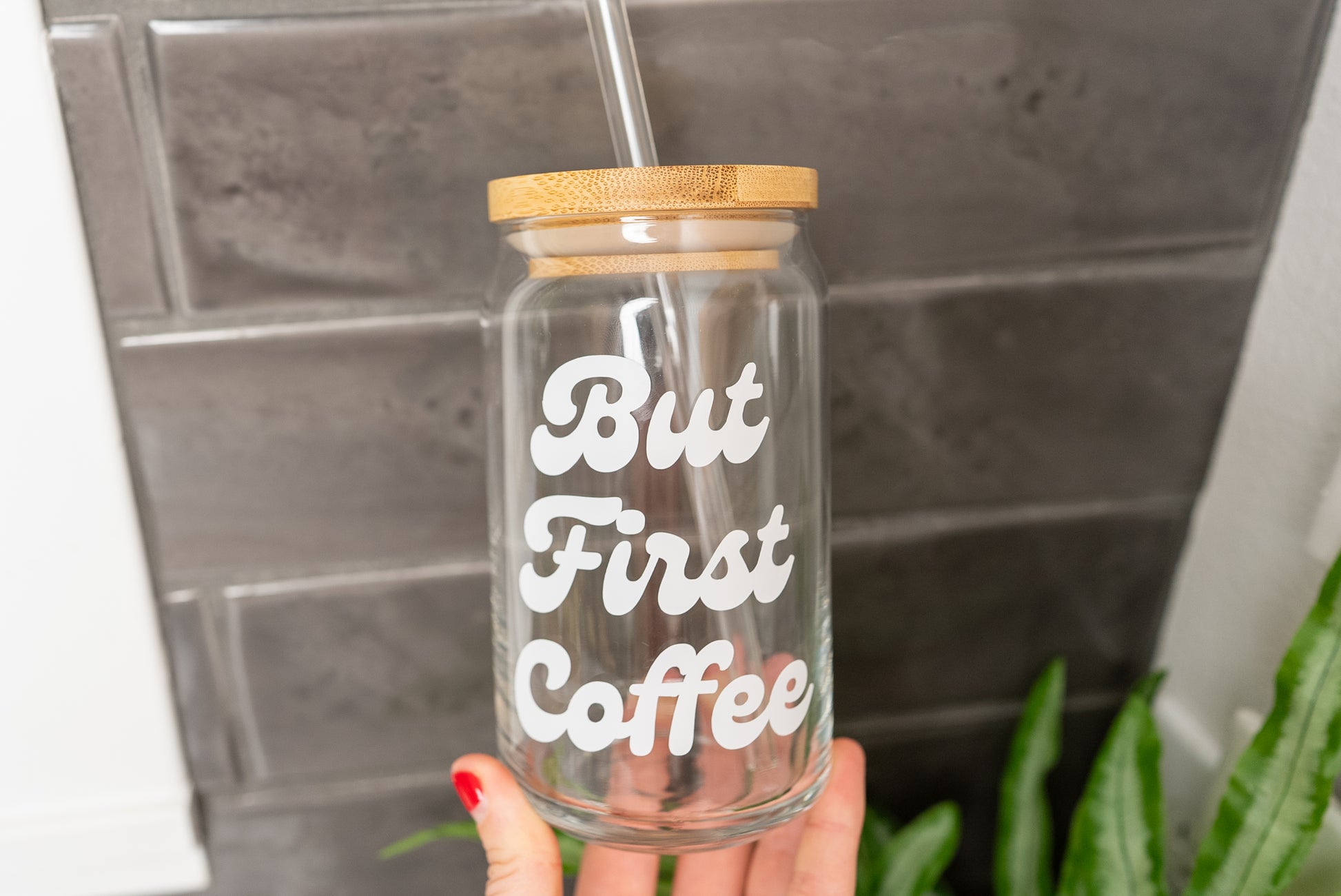 But first coffee saying on a clear glass cup with bamboo lid and straw, perfect iced coffee, drinking glass, water tumbler, with white font, 16oz beer can glass, trendy glassware, fun coffee lover gift