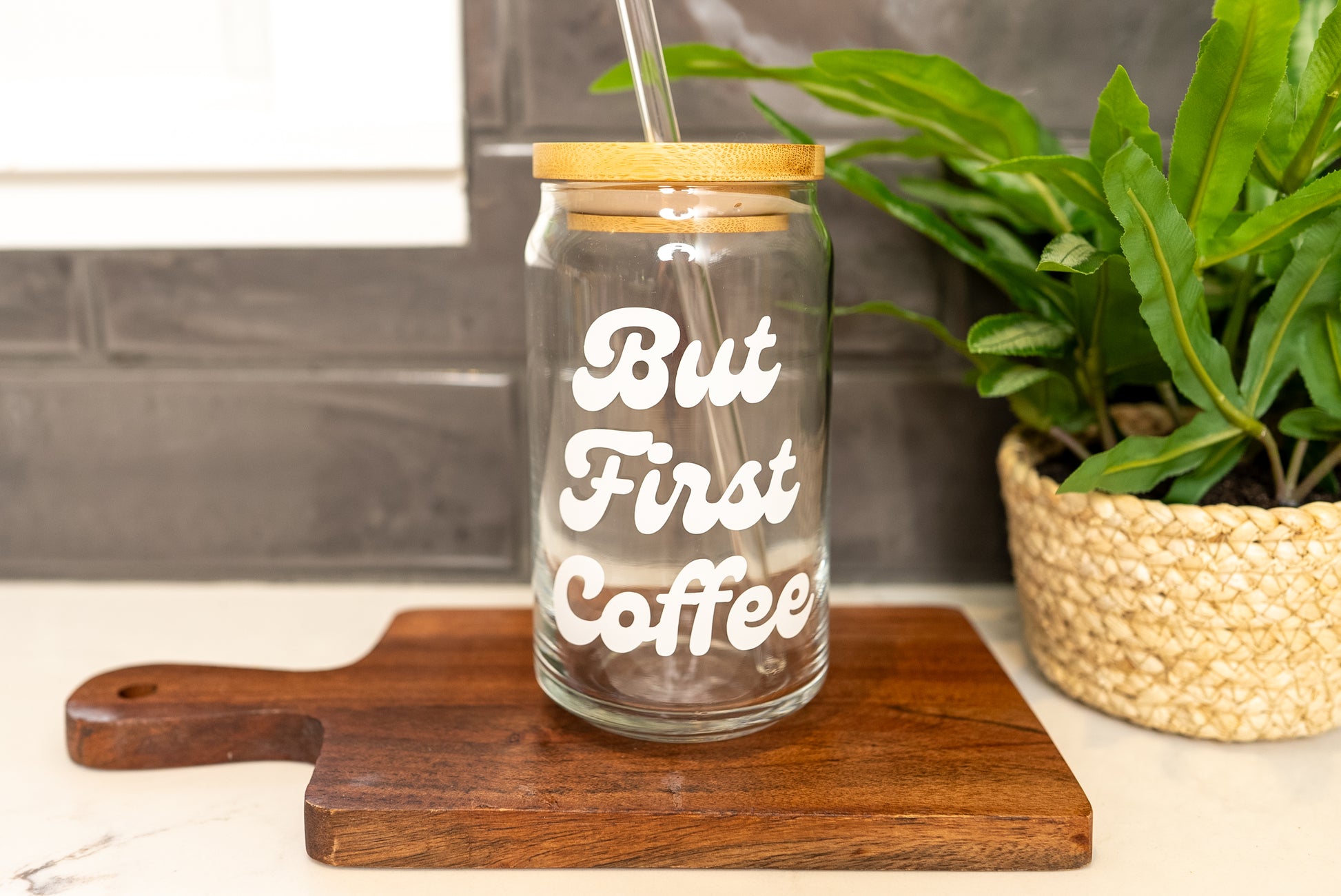 But first coffee saying on a clear glass cup with bamboo lid and straw, with white font, 16oz beer can glass, trendy glassware, fun coffee lover gift