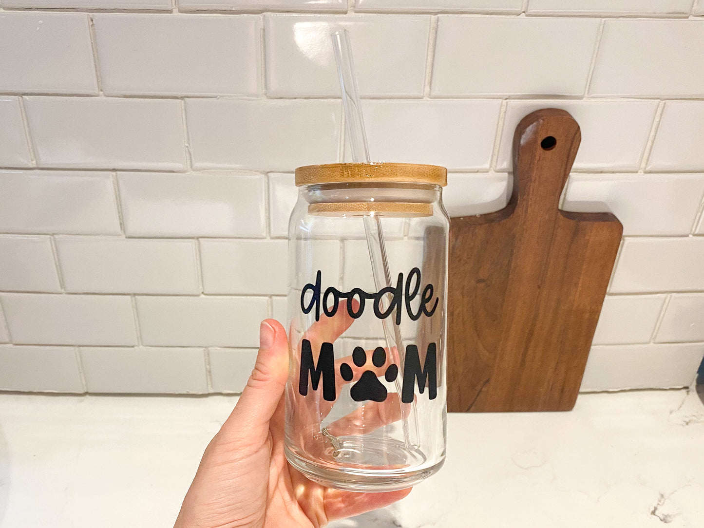 doodle mom glass cup, 16oz beer can glass with bamboo lid and clear glass straw, goldendoodle dog mom cup, dog mom gift