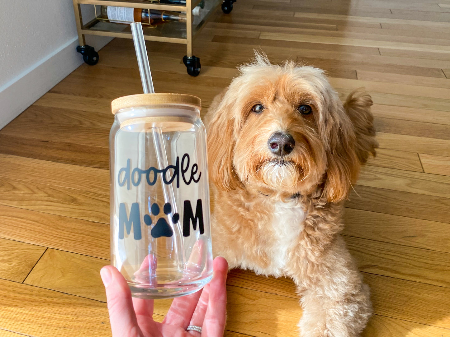 doodle mom glass cup, 16oz beer can glass with bamboo lid and clear glass straw, goldendoodle cup, dog mom gift