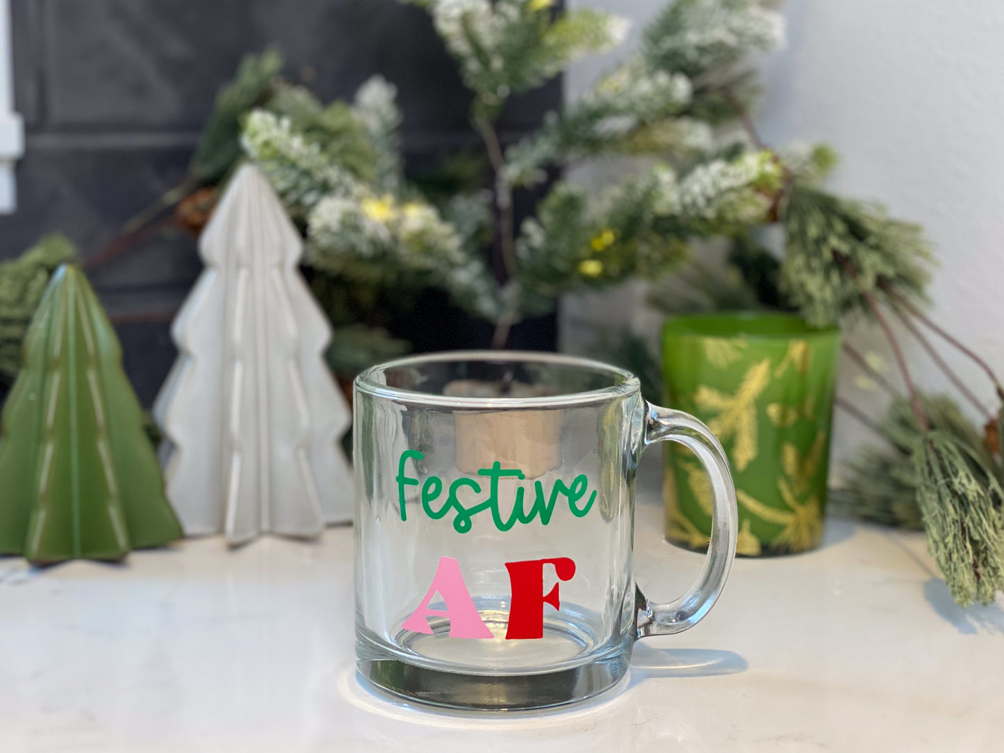 festive AF christmas mug, fun christmas cup with green pink and red letters, 13oz clear glass mug, christmas decor background