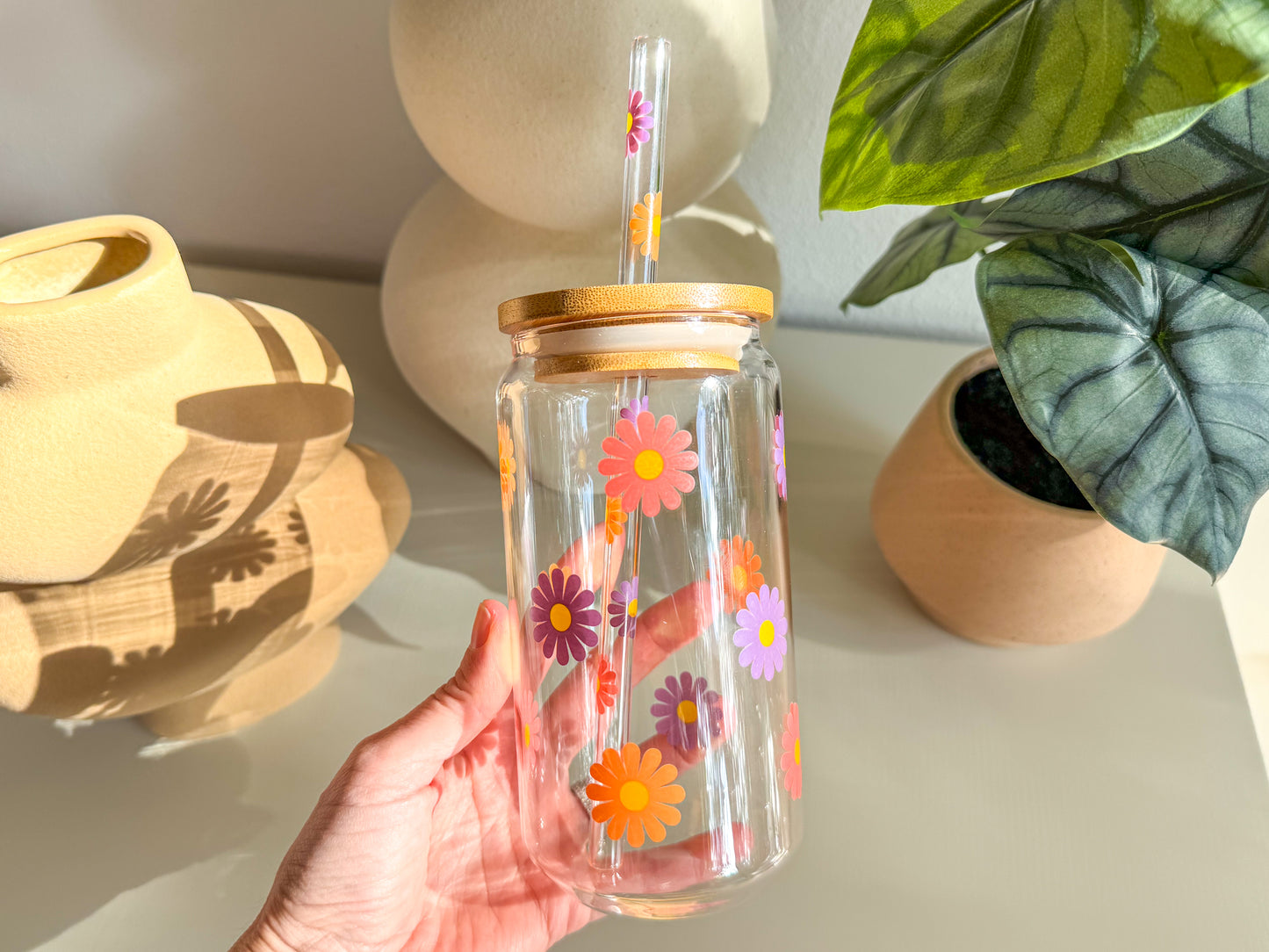 Daisy Glass Cup with Lid and Glass Straw, Dishwasher Safe