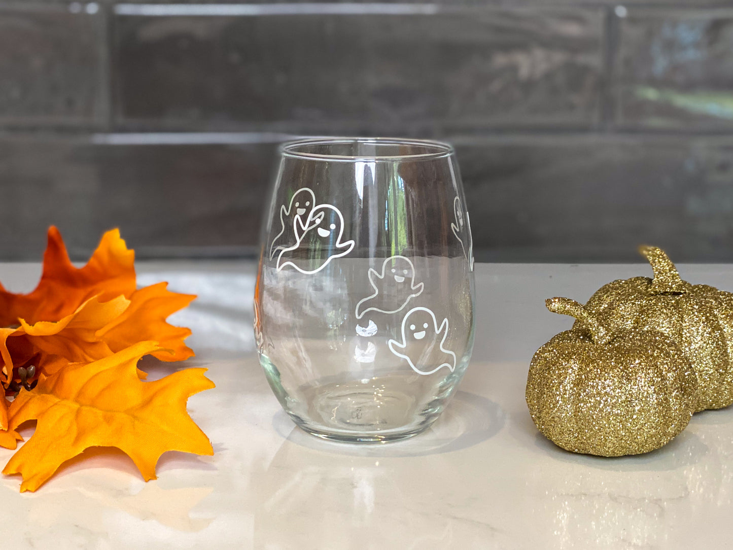 cute halloween wine glasses, white ghost wine glass with ghosts all around the glass, 15oz stemless wine glass, halloween decor