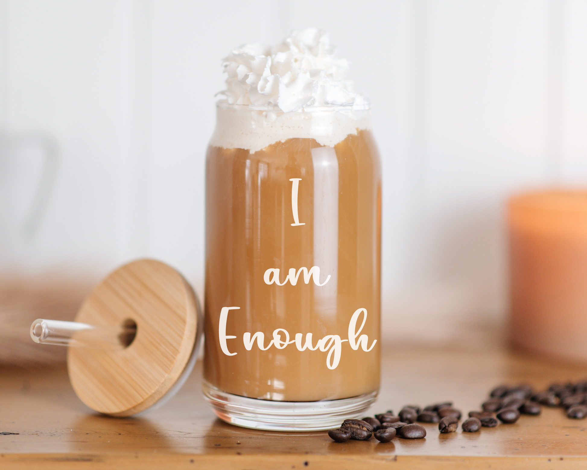 I am Enough Positive Affirmation Glass Cup, iced coffee glass cup,  beer can glass, mental health glass cup, mental health awareness products, positive affirmation coffee cup, positive affirmations