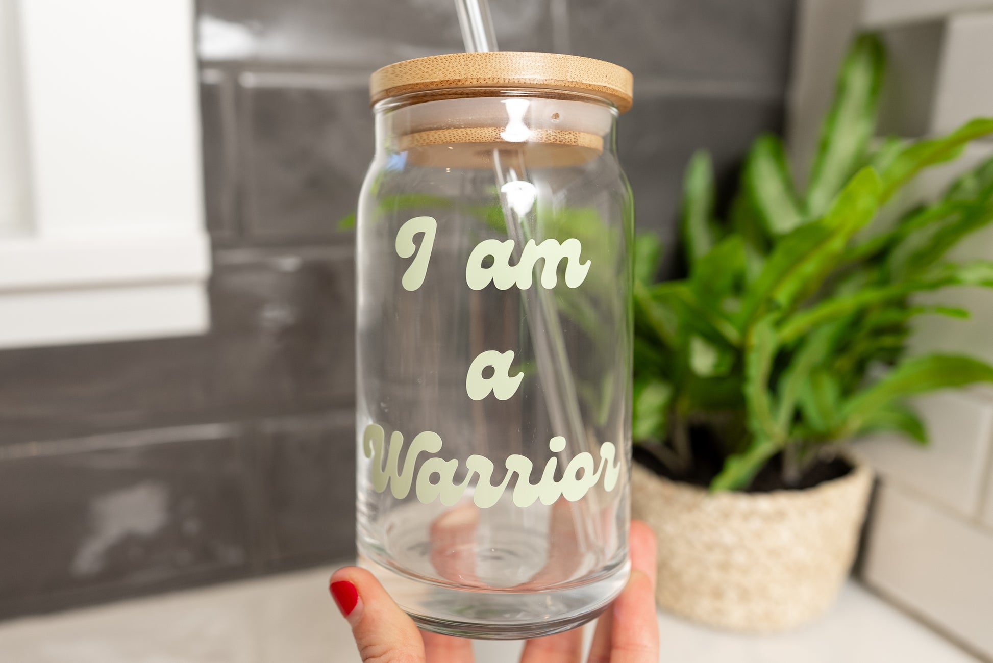 I am a warrior inspirational saying on a trendy glass cup, 16oz beer can glass cup with lid and straw