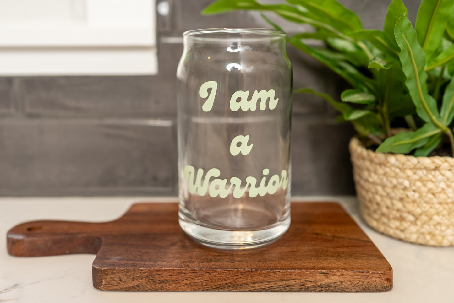 I am a warrior beer can glass, 16oz glass cup, trendy glassware with motivational saying perfect for a self care gift