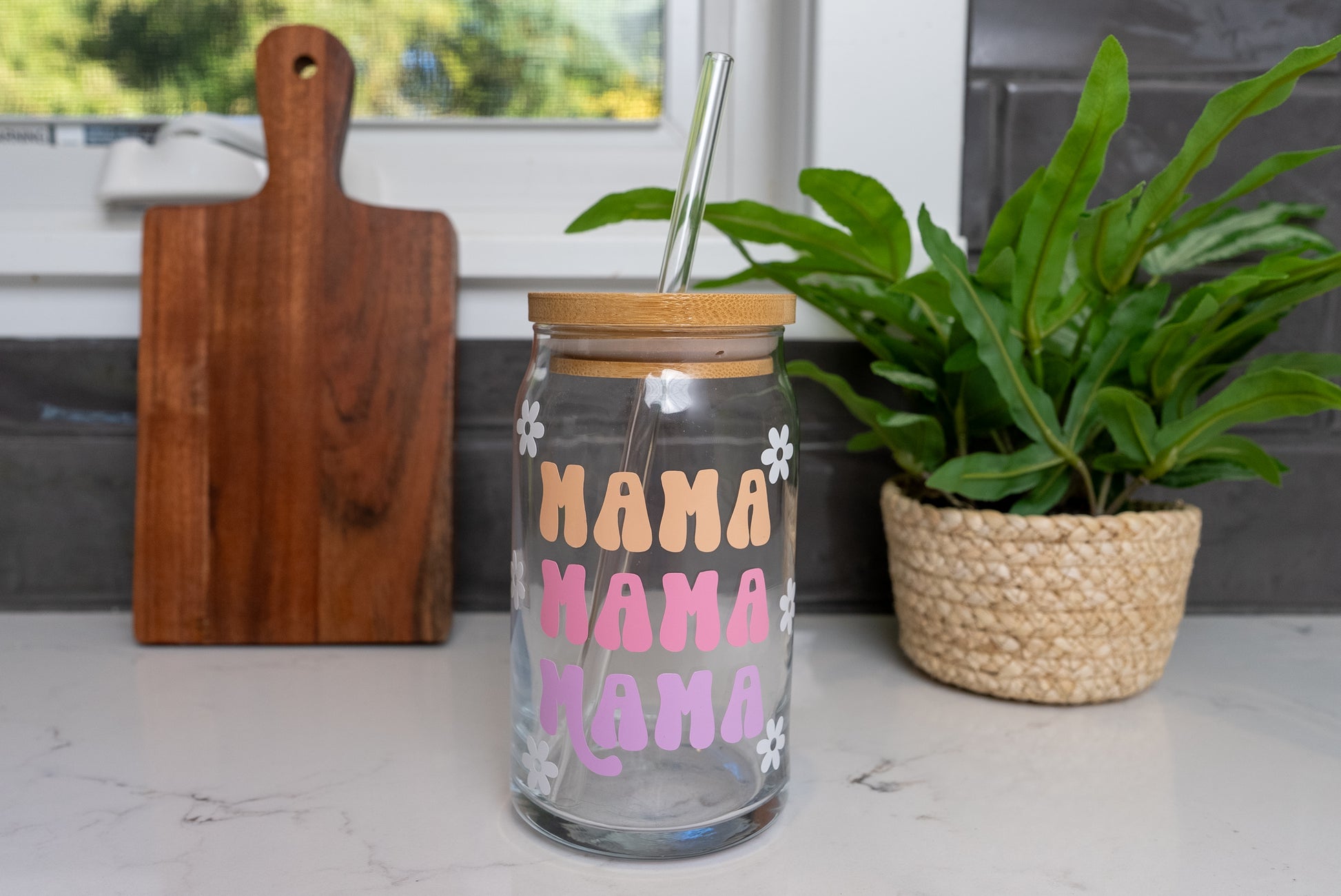 Mama Needs Her Coffee Glass Cup W Floral and Heart Design - Comes with Lid & Straw - Gift for Mothers Day, Birthdays, Christmas from BluChi