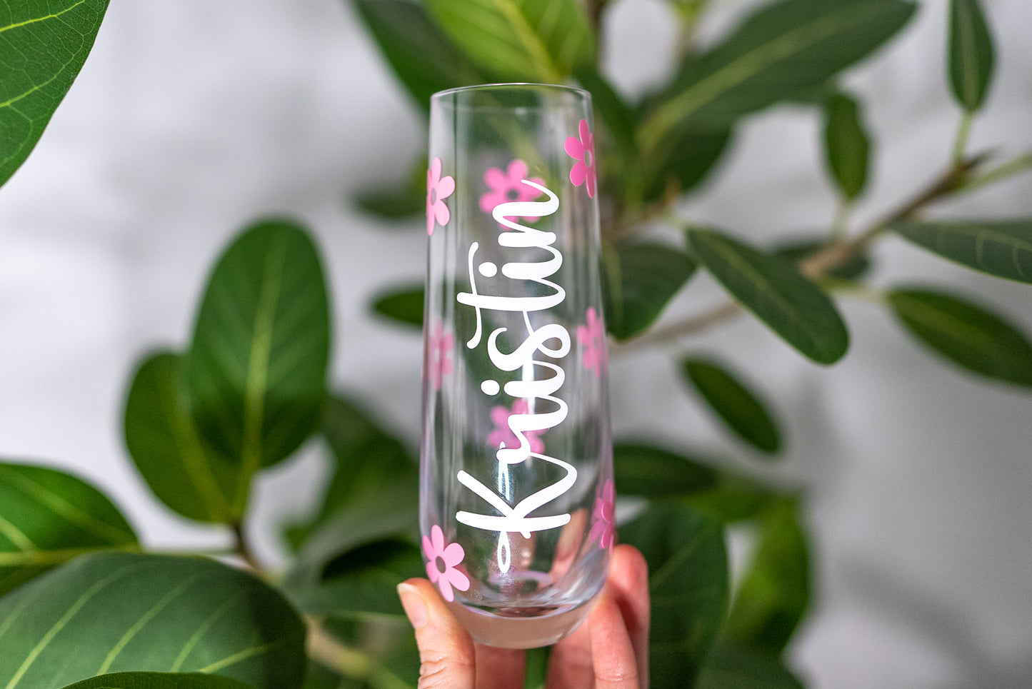 Personalized Daisy Champagne Flute with Name, Summer Daisy