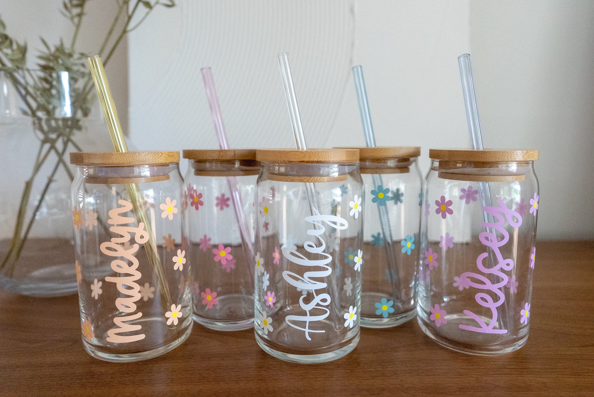 Cute Daisy Beer Can Iced Coffee Glass Cup With Lid and Straw