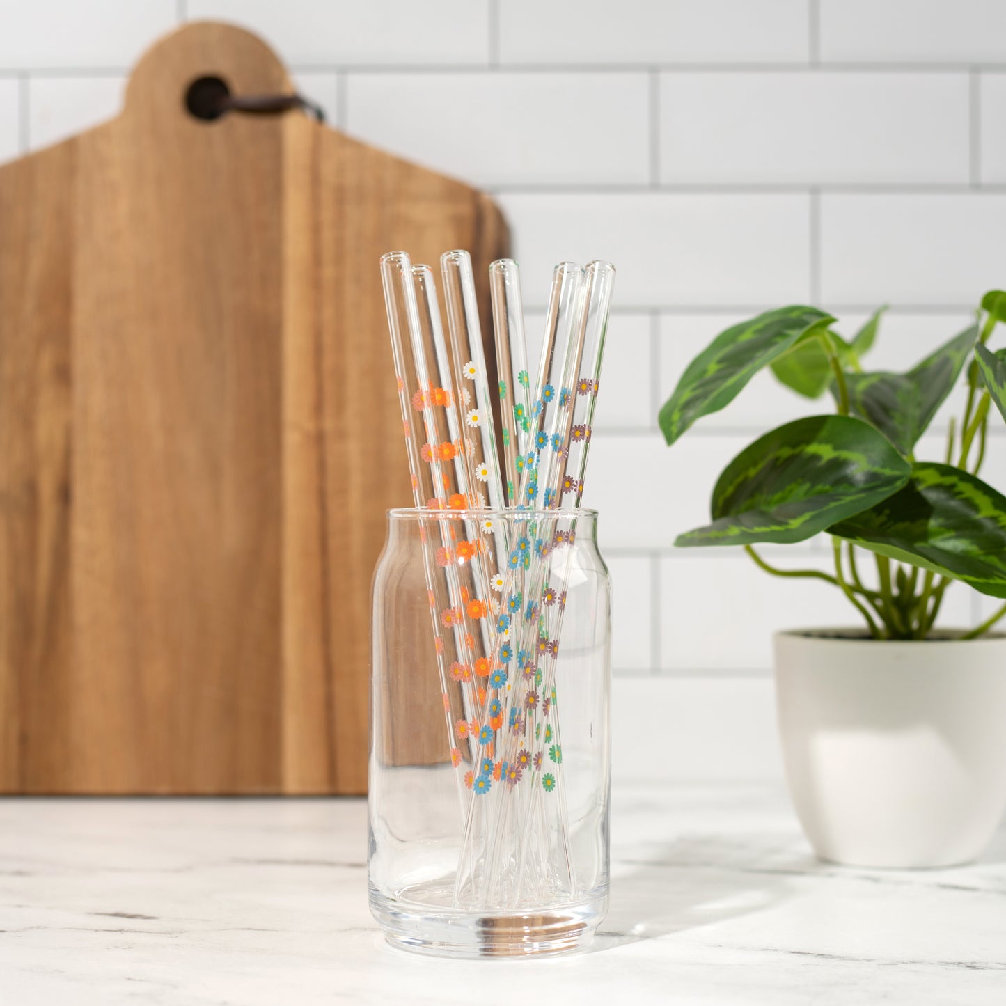 Daisy Flower Glass Straw, 6 Piece Reusable Straw Set, Glassware Accessories