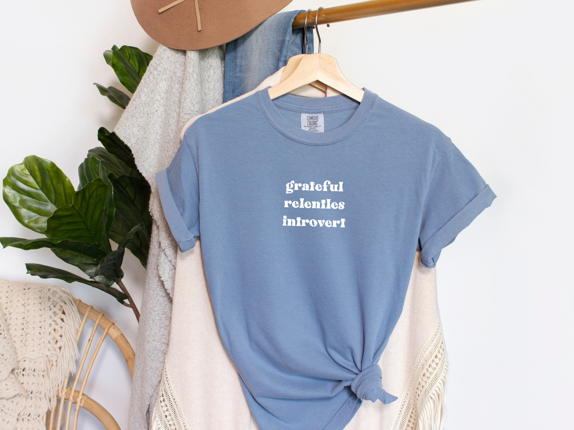 blue shirt, grateful, relentless, introvert shirt, mental health shirt, personality trait custom shirt, empowered shirt, inspiring shirt