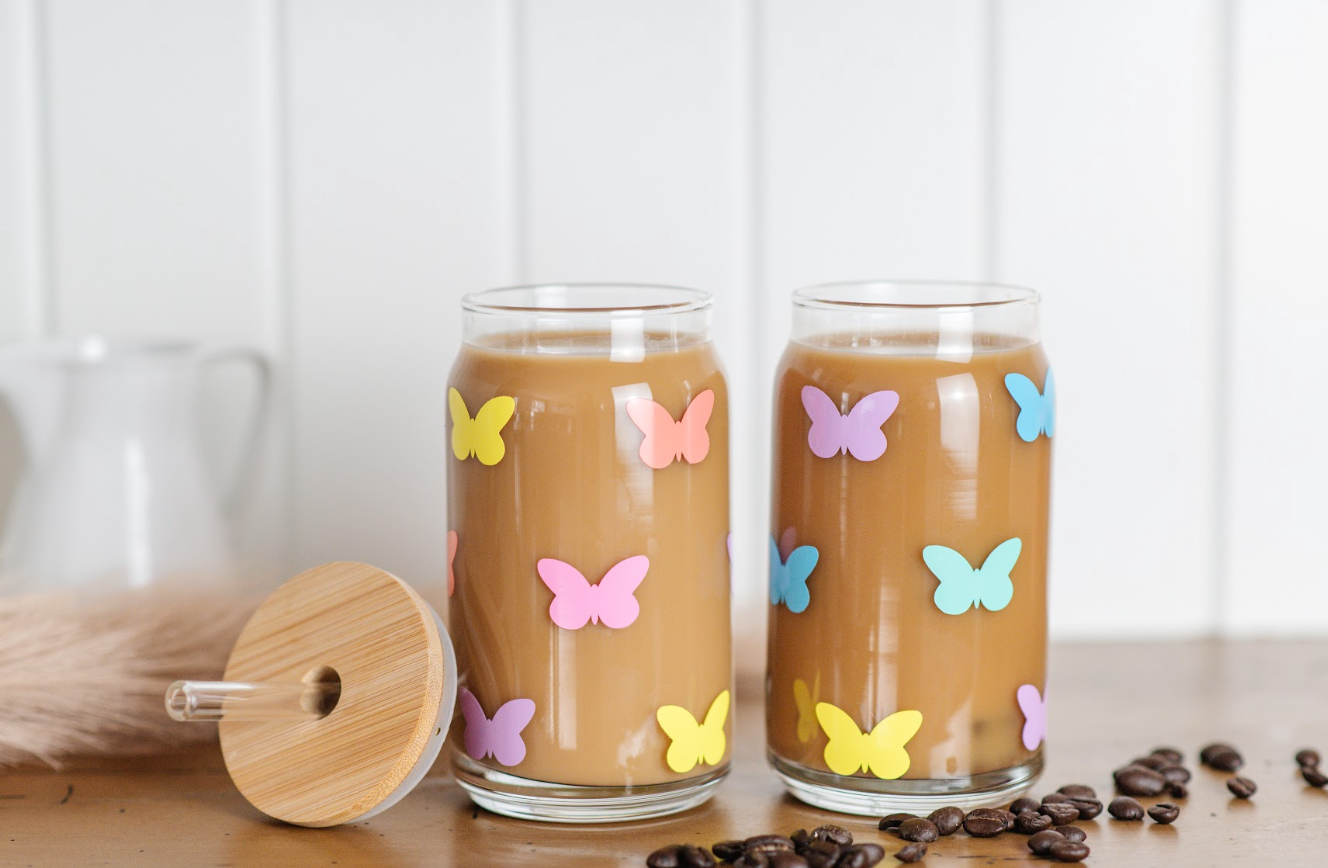 Butterfly glass coffee cup, iced coffee cups, iced coffee glass, beer can glass cups
