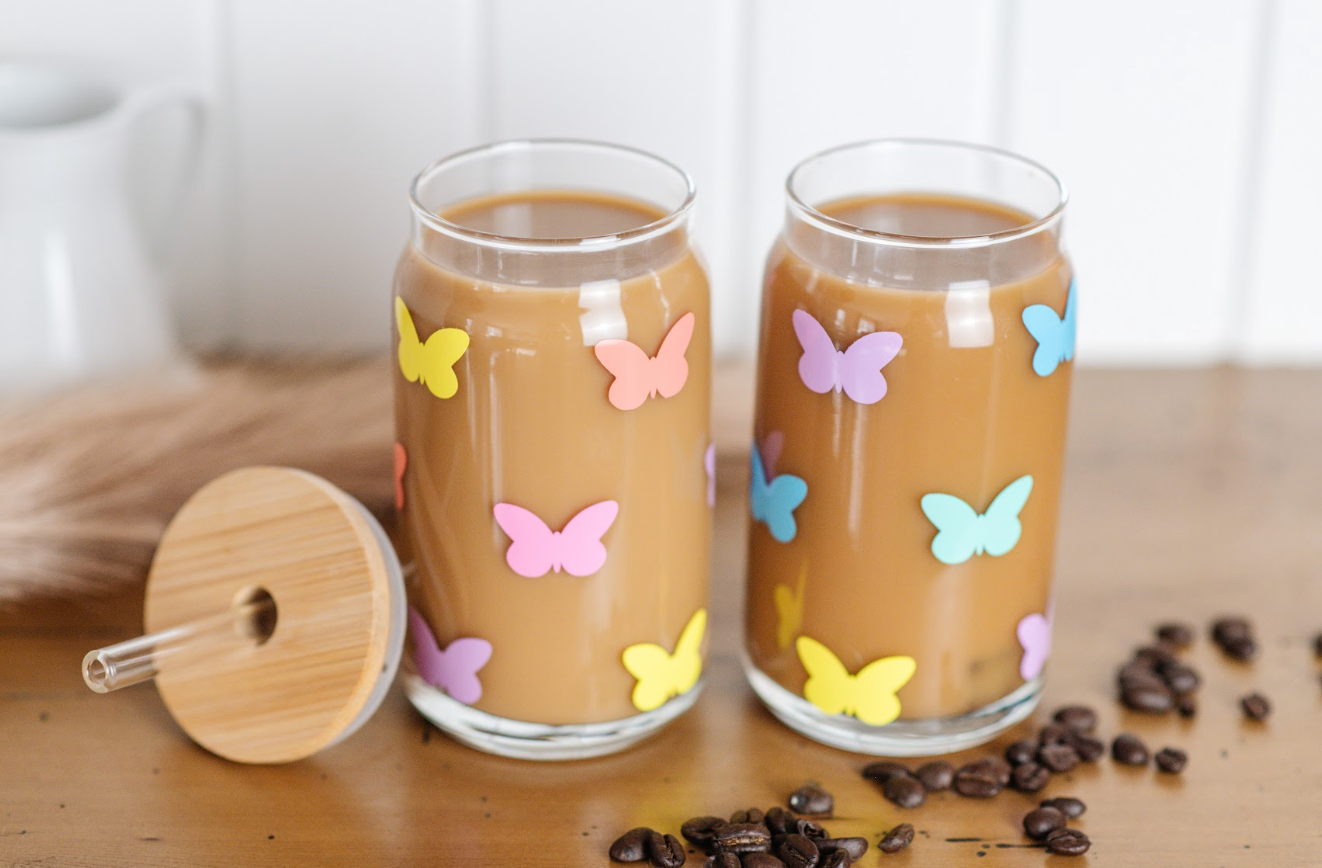 Butterfly glass coffee cup, iced coffee cups, iced coffee glass, beer can glass cups, butterfly design